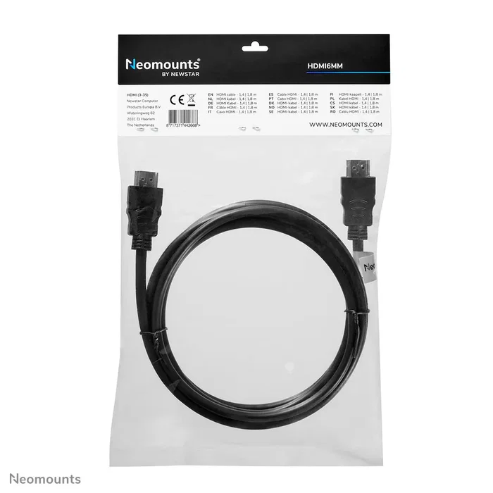 Neomounts Cable HDMI 6MM HDMI 1.4, 2 m, Conectores Macho Tipo A Estándar, 10.2 Gbit/s, 340 MHz, Negro, HDMI6MM Neomounts Cable HDMI 6MM HDMI 1.4, 2 m, Conectores Macho Tipo A Estándar, 10.2 Gbit/s, 340 MHz, Negro, HDMI6MM