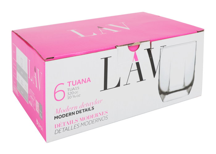 LAV Set de 6 Vasos para Agua, Colección Tuana, Capacidad 320 cc, Cristalería de Vidrio, 7.5 x 7.5 x 9.5 cm (8 Cajas)
