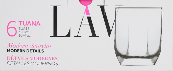 LAV Set de 6 Vasos para Agua, Colección Tuana, Capacidad 320 cc, Cristalería de Vidrio, 7.5 x 7.5 x 9.5 cm (8 Cajas)