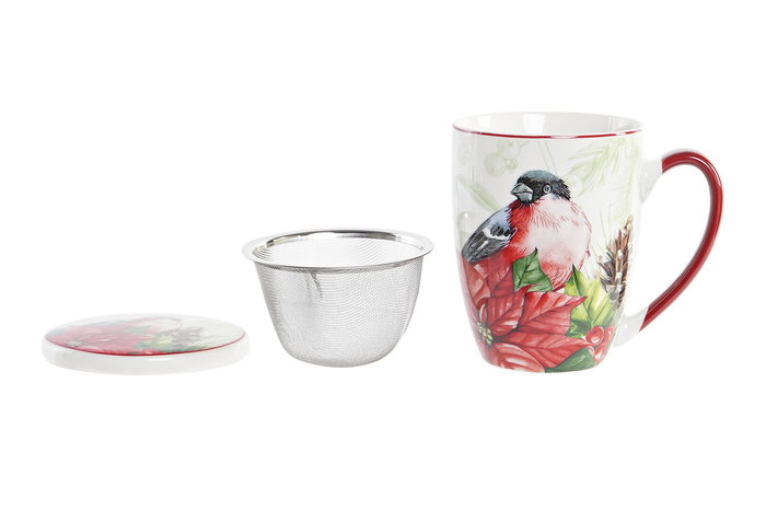 DKD Home Decor Set 2 Tazas Infusiones Navidad Tradicional Porcelana Rojo Verde 380ml 9x11x12 cm Apto Microondas Lavavajillas