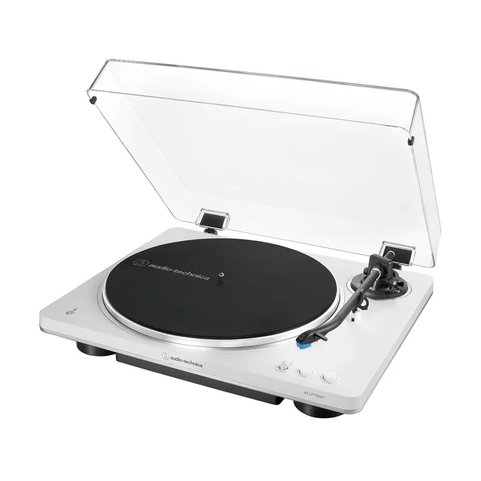 Audio-Technica AT-LP70XBT Tocadiscos de tracción por correa automático con Bluetooth, velocidades 33 1/3 y 45 RPM, color Plata y Blanco