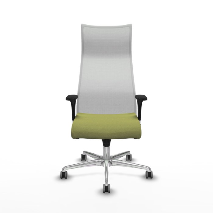 Sillón Albacete con mecanismo Sincro tapizada con Tela color Verde oliva y malla color Blanco. Equipado con Base aluminio, Brazos 1D y Ruedas 65 mm parqué