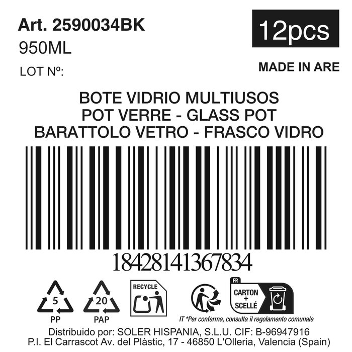 Inde Bote de Vidrio 950 cc con Tapa Barril 997 - Ø10 x 15,4 cm (12 Unidades)