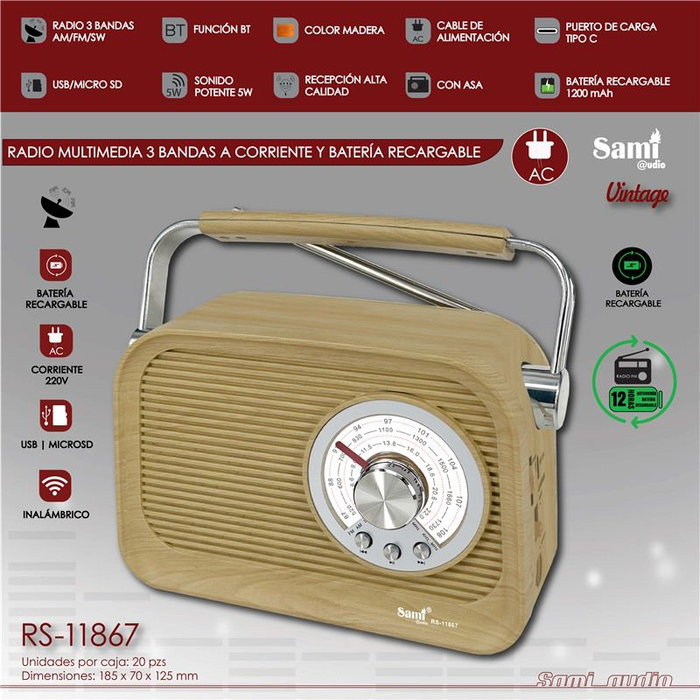 SAMI Radio Sami Vintage 3 bandas madera AC/batería multimedia
