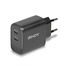 Lindy Cargador USB-C 2 puertos 65W con tecnología GaN, Negro
