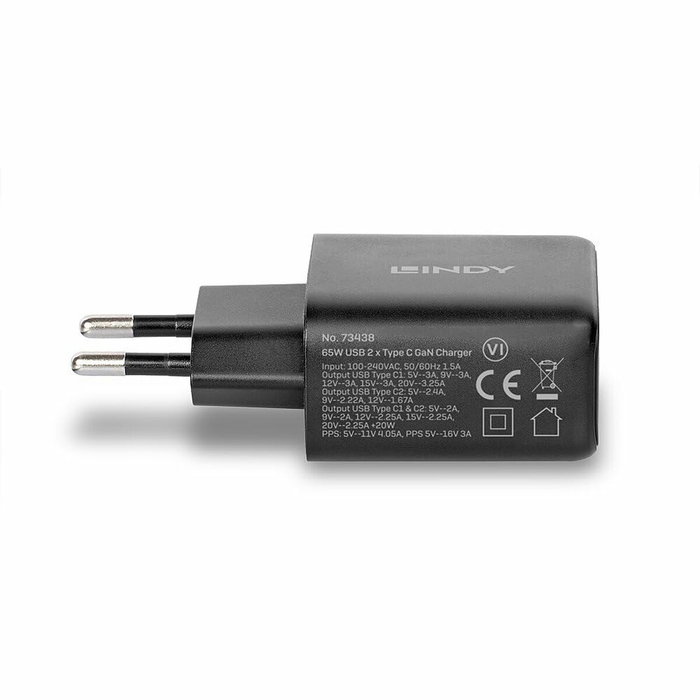 Lindy Cargador USB-C 2 puertos 65W con tecnología GaN, Negro