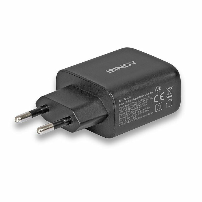 Lindy Cargador USB-C 2 puertos 65W con tecnología GaN, Negro