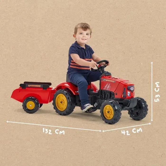 Falk Tractor de pedal Supercharger rojo 2-5 años con capó de apertura y remolque incluido