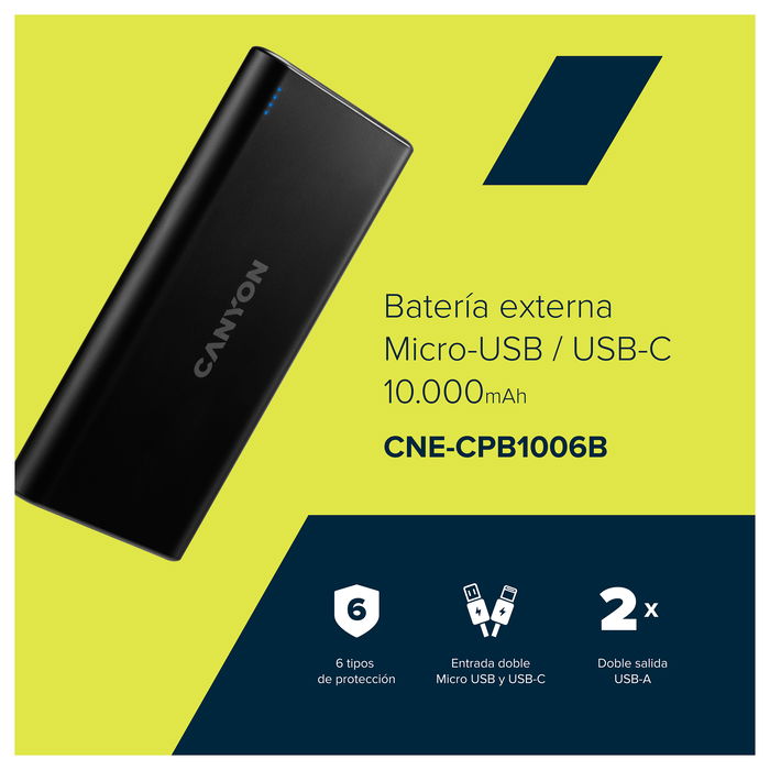 Canyon PB-106 Powerbank 10.000 mAh Negro Batería Externa