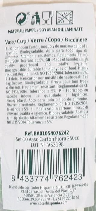 Algon Set de 10 Vasos de Cartón Flora 250cc (8x9cm) (24 Unidades)