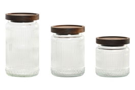 DKD Home Decor Bote Cristal y Acacia Transparente Natural 10x17.5x10 cm Set de 3