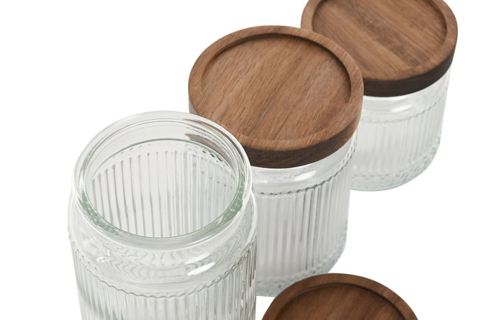 DKD Home Decor Bote Cristal y Acacia Transparente Natural 10x17.5x10 cm Set de 3