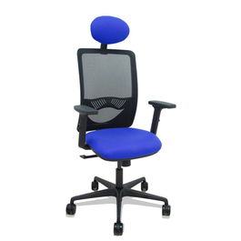 Silla de oficina Zulema con mecanismo Sincro tapizada con Tela color Azul y malla color Negro. Equipada con lumbar 1D, Brazos 2D, Cabecero Fijo y Ruedas 65mm nailon