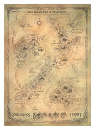 El Hobbit Litografia New Zealand Map of Middle Earth 50 x 70 cm