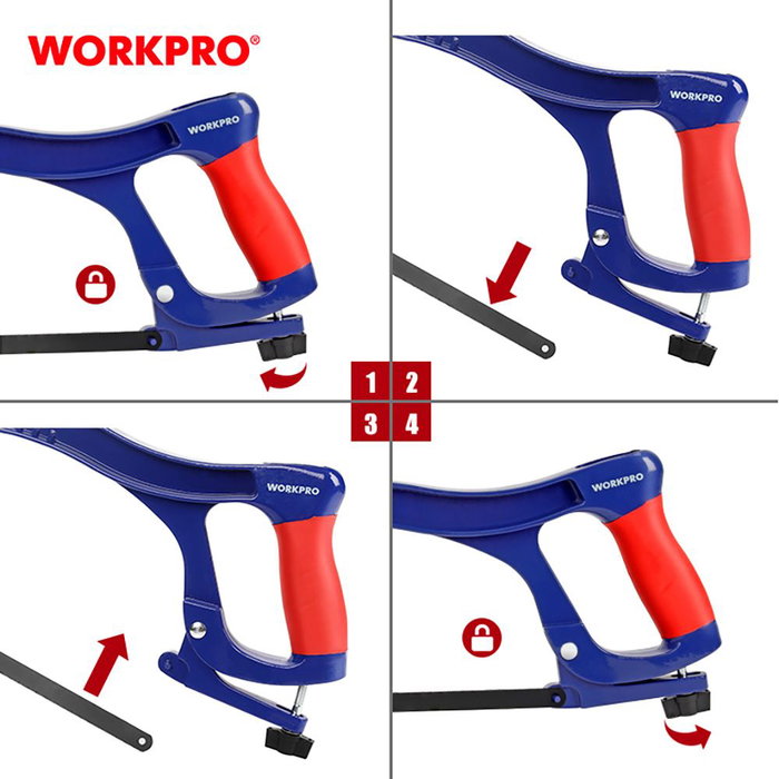 Workpro Sierra de Arco de Aluminio 300 mm con Cambio Rápido, Mango Ergonómico y Corte Multiángulo 45° y 90°