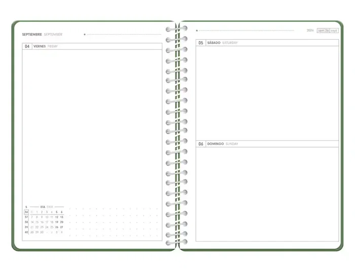 Antartik Agenda Escolar Essentials 2026-2027 A5+ Espiral, Día Página, Interior Bilingüe, Papel FSC 80g, Color Verde
