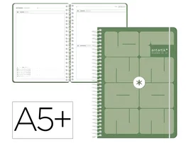 Antartik Agenda Escolar Essentials 2026-2027 A5+ Espiral, Día Página, Interior Bilingüe, Papel FSC 80g, Color Verde