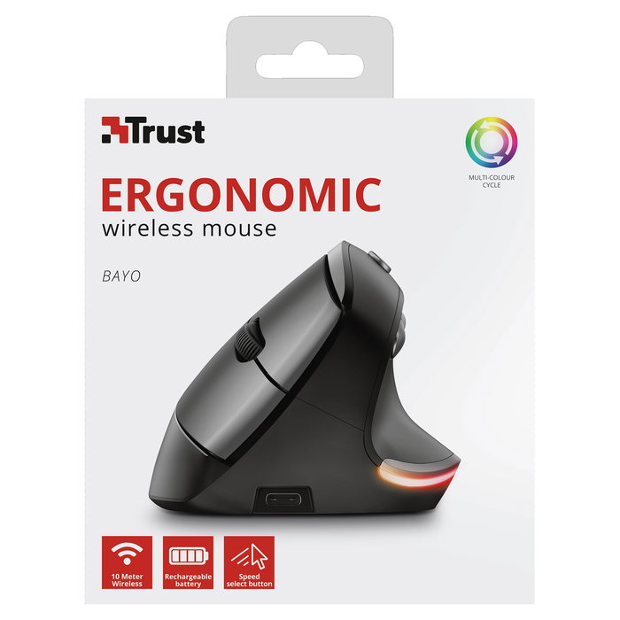 Trust Bayo Ergo Maus 6Tasten, Ratón Ergonómico Inalámbrico Óptico para Mano Derecha, 2400 DPI, 6 Botones, RGB, Recargable USB-C, Negro