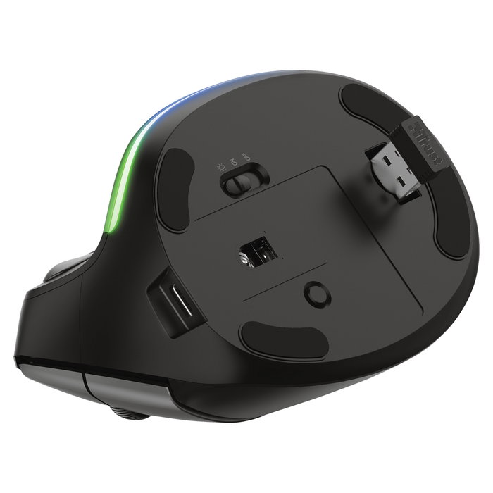 Trust Bayo Ergo Maus 6Tasten, Ratón Ergonómico Inalámbrico Óptico para Mano Derecha, 2400 DPI, 6 Botones, RGB, Recargable USB-C, Negro