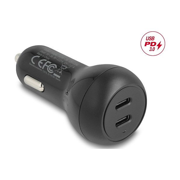 Delock Cargador de Coche 64330, 2 Puertos USB Tipo-C PD 3.0 40W para Encendedor, Negro, Compatibilidad Universal con Protección