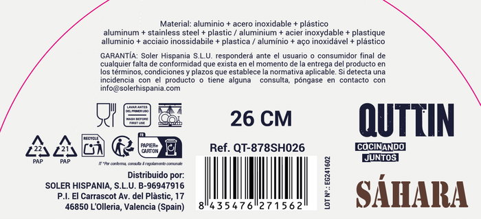 Quttin Sarten Aluminio Forjado 26 cm Mango Soft Full Saha (6 Unidades)