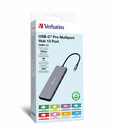 Verbatim USB-C Pro 13-Port Multiport Hub: Dual HDMI 8K, DP 8K, RJ45 1Gb/s, 3x USB-A 5Gb/s, 1x USB-A 10Gb/s, 2x USB-A 480Mb/s, 2x USB-C PD 100W