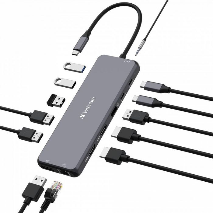 Verbatim USB-C Pro 13-Port Multiport Hub: Dual HDMI 8K, DP 8K, RJ45 1Gb/s, 3x USB-A 5Gb/s, 1x USB-A 10Gb/s, 2x USB-A 480Mb/s, 2x USB-C PD 100W Verbatim USB-C Pro 13-Port Multiport Hub: Dual HDMI 8K, DP 8K, RJ45 1Gb/s, 3x USB-A 5Gb/s, 1x USB-A 10Gb/s, 2x USB-A 480Mb/s, 2x USB-C PD 100W