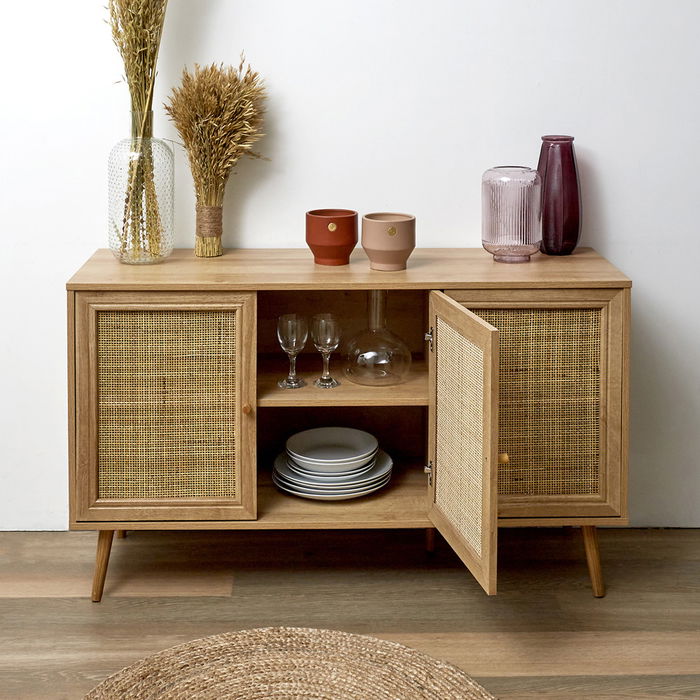 Home Deco Factory Aparador Bali 3 Puertas Madera y Ratán 115x39x70 cm Colección Natural