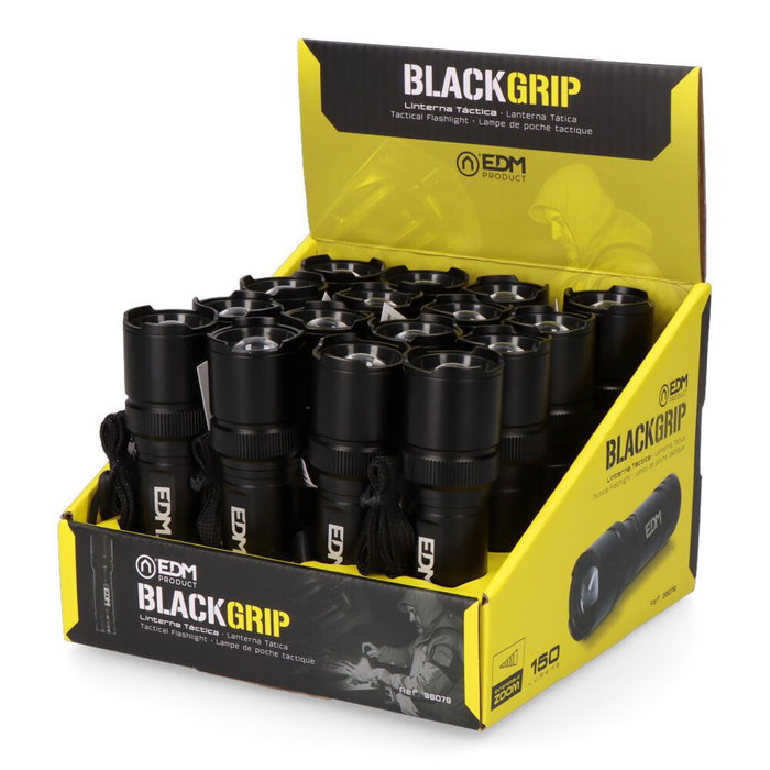 EDM Linterna Led Táctica Black Grip 150 Lm con Zoom, Aluminio, Funciona con 3 x Pilas AAA Incluidas, Ø31.5 x 108 mm, Negro