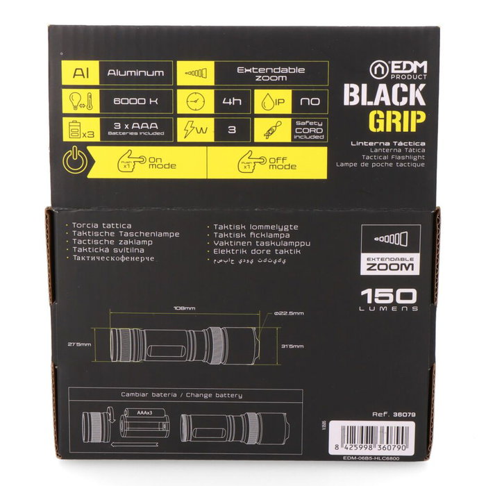 EDM Linterna Led Táctica Black Grip 150 Lm con Zoom, Aluminio, Funciona con 3 x Pilas AAA Incluidas, Ø31.5 x 108 mm, Negro