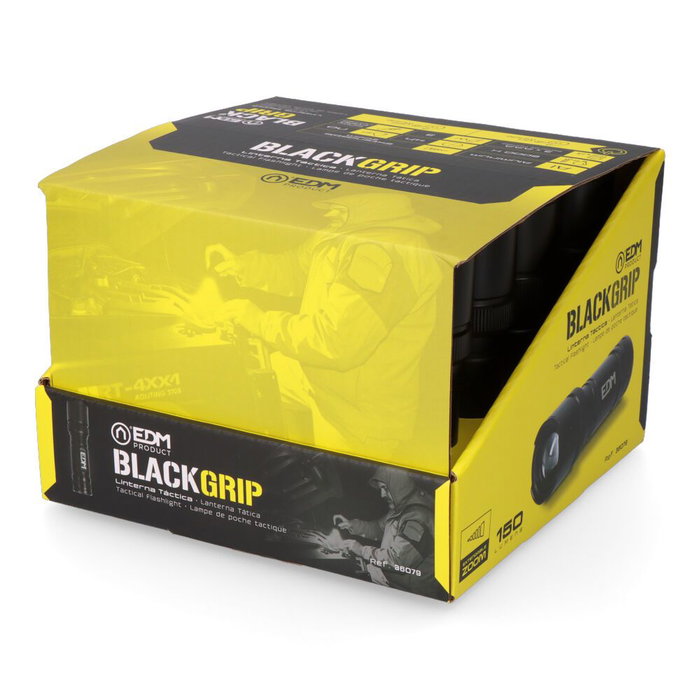 EDM Linterna Led Táctica Black Grip 150 Lm con Zoom, Aluminio, Funciona con 3 x Pilas AAA Incluidas, Ø31.5 x 108 mm, Negro
