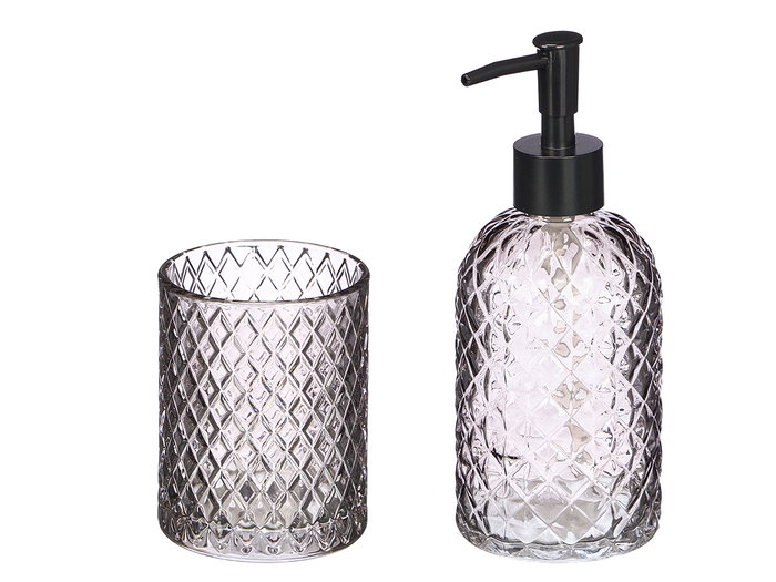 Berilo Set de 2 Dosificadores con Vaso de Vidrio 410 ml para Baño - Color Gris, Dimensiones 16x20x8 cm (Set de 12) Berilo Set de 2 Dosificadores con Vaso de Vidrio 410 ml para Baño - Color Gris, Dimensiones 16x20x8 cm (Set de 12)