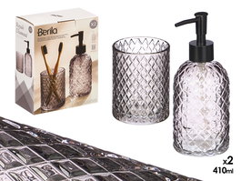 Berilo Set de 2 Dosificadores con Vaso de Vidrio 410 ml para Baño - Color Gris, Dimensiones 16x20x8 cm (Set de 12)