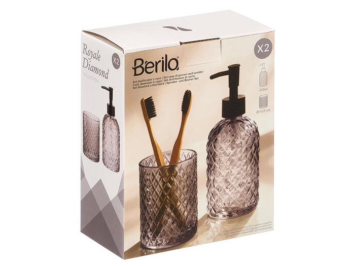Berilo Set de 2 Dosificadores con Vaso de Vidrio 410 ml para Baño - Color Gris, Dimensiones 16x20x8 cm (Set de 12) Berilo Set de 2 Dosificadores con Vaso de Vidrio 410 ml para Baño - Color Gris, Dimensiones 16x20x8 cm (Set de 12)