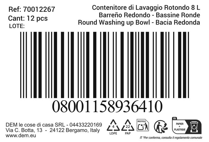 Inde Barreño Redondo "Lior", 8 Litros de Capacidad, Dimensiones 33.4 cm de Diámetro x 14.7 cm de Alto (12 Unidades)