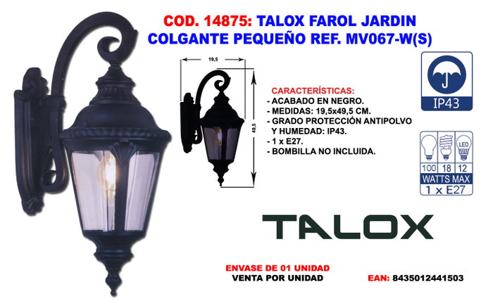 TALOX Farol Jardín Colgante Pequeño MV067-W(S) TALOX Farol Jardín Colgante Pequeño MV067-W(S)