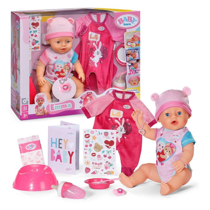 MGA Muñeca Emma + Outfit Baby Born 43cm con Funciones Realistas Sin Pilas, 10+1 Accesorios, Incluye Biberón, Chupete, Pañal y Álbum