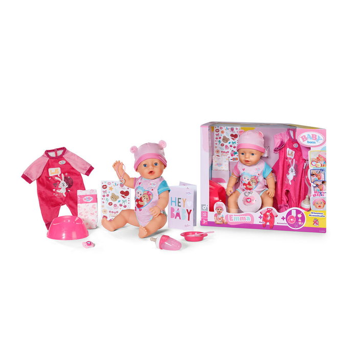 MGA Muñeca Emma + Outfit Baby Born 43cm con Funciones Realistas Sin Pilas, 10+1 Accesorios, Incluye Biberón, Chupete, Pañal y Álbum