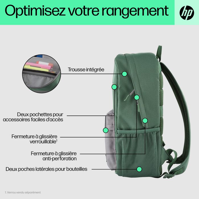 HP Mochila Campus Verde, Extra Segura con Cremallera Bloqueable y Bolsillo Acolchado para Portátil, Materiales Resistentes a la Lluvia