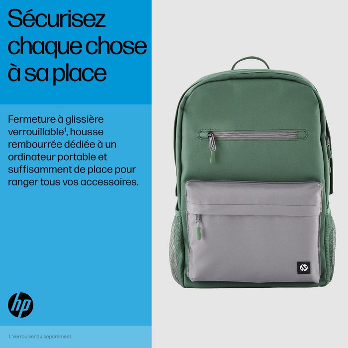 HP Mochila Campus Verde, Extra Segura con Cremallera Bloqueable y Bolsillo Acolchado para Portátil, Materiales Resistentes a la Lluvia