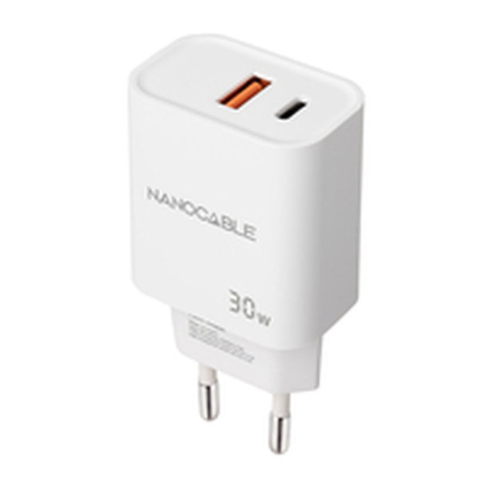 NANO CABLE Cargador de Pared 30W USB-C PD + USB-A QC Blanco NANO CABLE Cargador de Pared 30W USB-C PD + USB-A QC Blanco