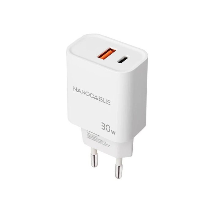 NANO CABLE Cargador de Pared 30W USB-C PD + USB-A QC Blanco NANO CABLE Cargador de Pared 30W USB-C PD + USB-A QC Blanco