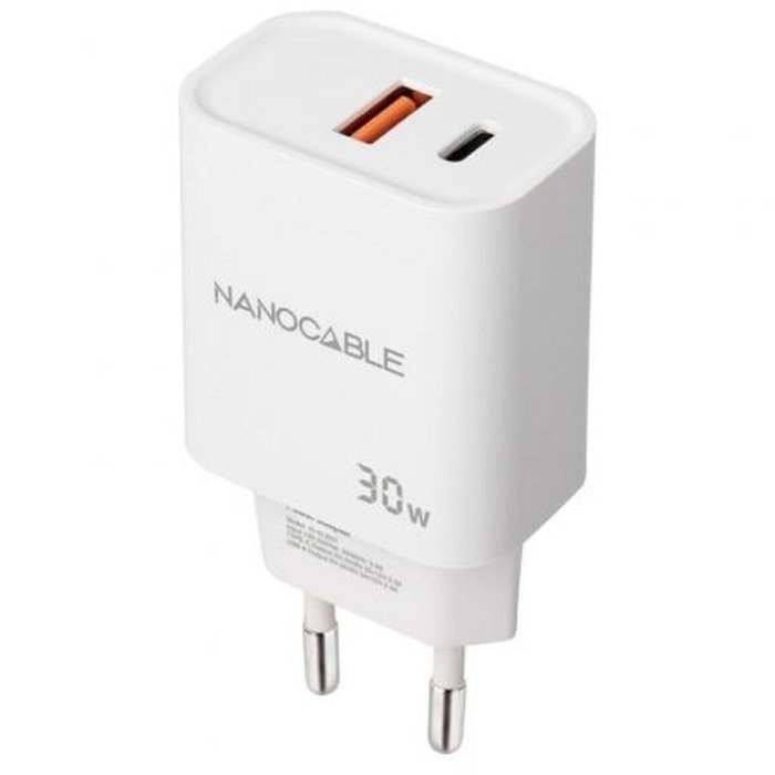NANO CABLE Cargador de Pared 30W USB-C PD + USB-A QC Blanco NANO CABLE Cargador de Pared 30W USB-C PD + USB-A QC Blanco