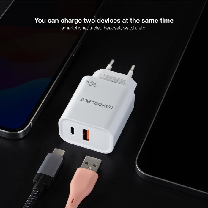 NANO CABLE Cargador de Pared 30W USB-C PD + USB-A QC Blanco NANO CABLE Cargador de Pared 30W USB-C PD + USB-A QC Blanco