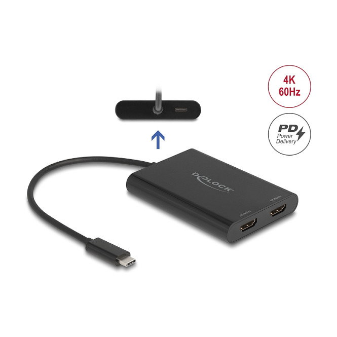 DeLOCK Adaptador USB Tipo C a 2 x HDMI 4K 60 Hz con DisplayLink® y USB PD 64309