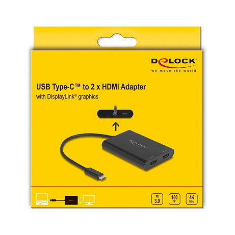 DeLOCK Adaptador USB Tipo C a 2 x HDMI 4K 60 Hz con DisplayLink® y USB PD 64309