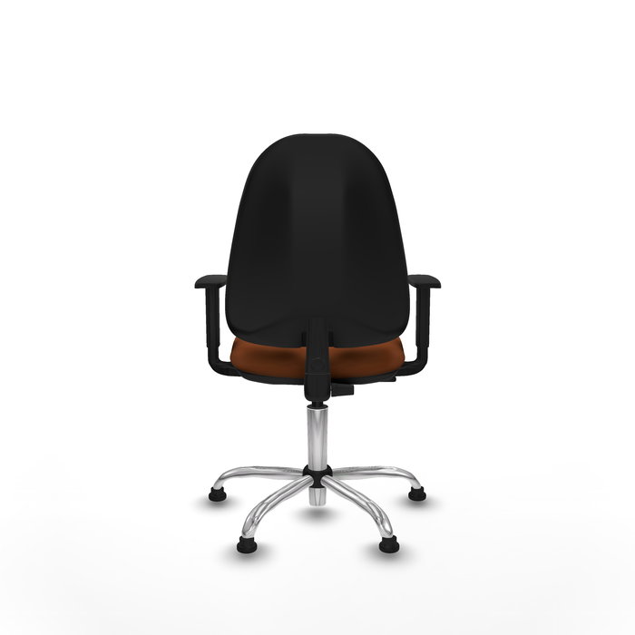 Silla de oficina Algarra con mecanismo Contacto permanente básico tapizada con Similpiel color Marrón. Equipada con Base cromada, Brazos 1Dy Topes