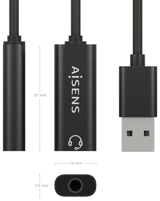 Aisens A106-0770 Conversor USB-A a Jack 3.5 mm Hembra Negro