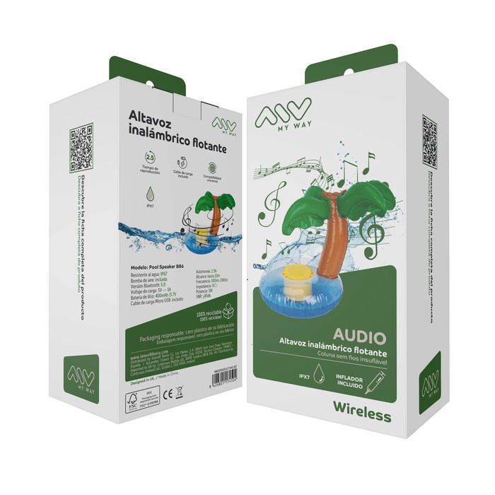 Myway Floating Speaker Palmera - Altavoz Bluetooth Flotante e Impermeable IP67 con Bomba de Aire - 3W, 2.5h Autonomía, Bluetooth 5.0, Resistente al Agua
