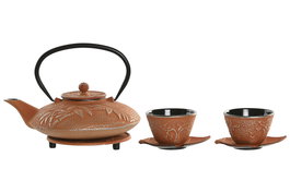 DKD Home Decor Tetera Oriental Naranja Hierro Colado Inox Set de 3 Piezas 21 x 18 x 15 cm